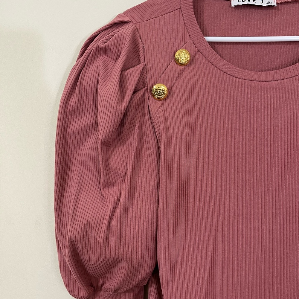 Love J Pink Ribbed Juliette Sleeve Button Long Sleeve Shirt - Picture 5 of 7